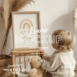 Maqueta de marco de guardería con persona infantil, maqueta de habitación para niños DIN A4, maqueta de arte de pared, maqueta de póster, maqueta de habitación para niños, maqueta Psd, marco de guardería