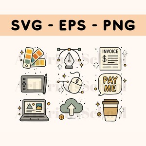 May include: A set of nine colourful icons representing various aspects of graphic design, including a colour palette, a pen tool, a tablet, a mouse, a laptop, a cloud upload, an invoice, a speech bubble with the text "PAY ME", and a coffee cup.