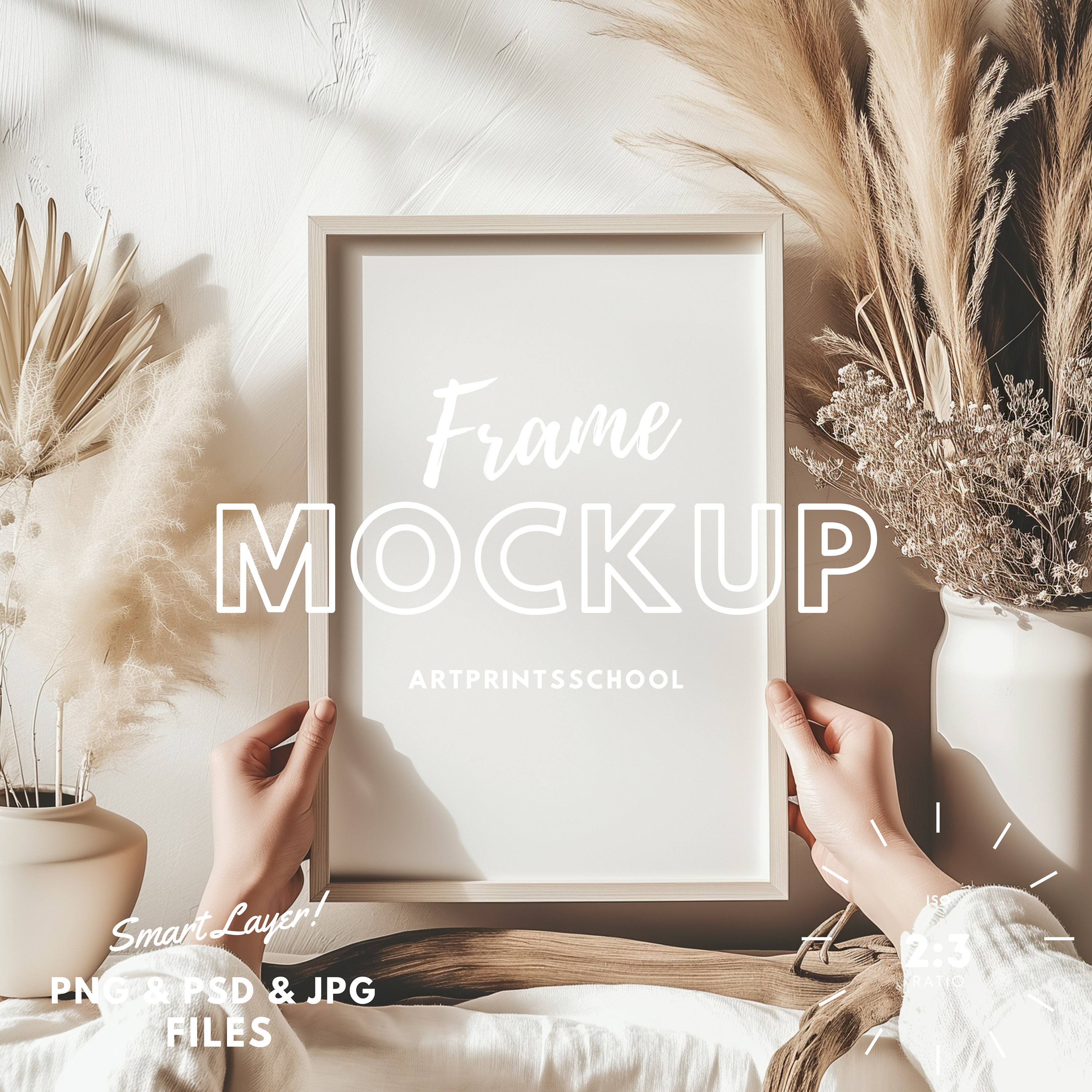 Boho Art Frame Mockup: 2x3 Ratio, Interior Scene (PSD/PNG/JPG)