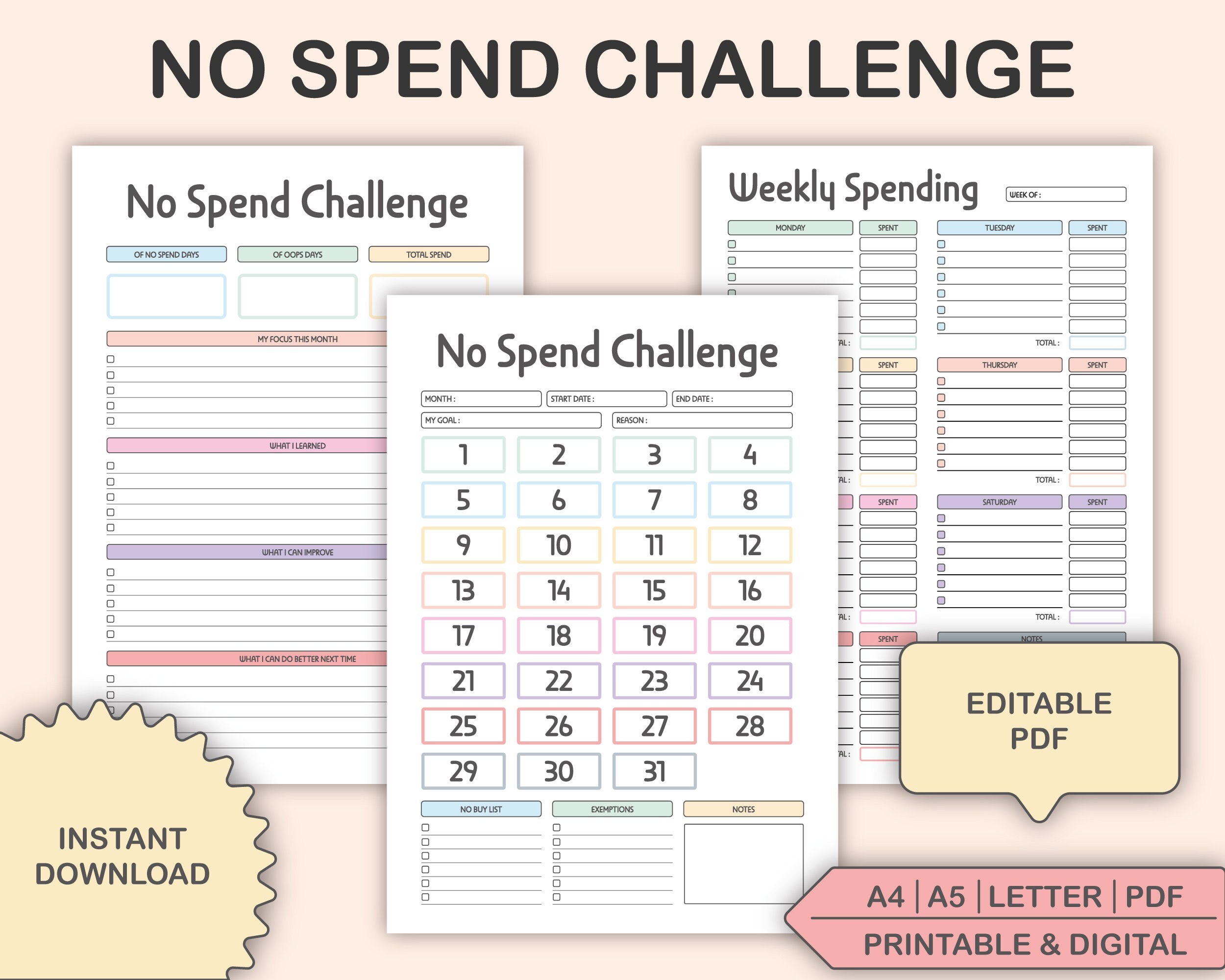 Editable No Spend Challenge Printable No Spending Tracker - Etsy