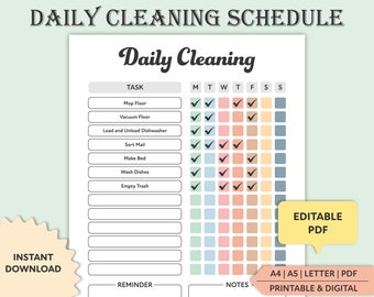 Editable Daily Cleaning Schedule, Printable Weekly Cleaning Planner, Daily Chore Chart, Daily Chore List, Cleaning Checklist, Digital, PDF