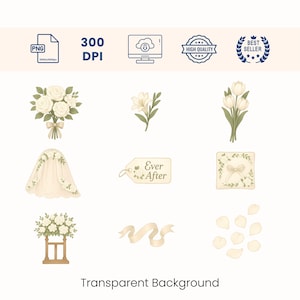 Clipart PNG de flores brancas para casamento | Conjunto elegante de adesivos florais para noivas | Pacote de clipart atemporal de rosas, lírios e tulipas
