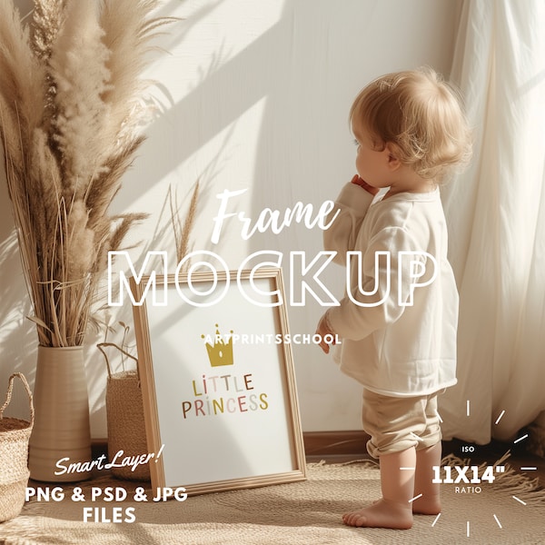 Nursery Frame Mockup With Child Person | Interior Mockup | Digital Frame | Frame Mockup | Kids Room Mockup | 11x14 Mockup | Art Print Mockup