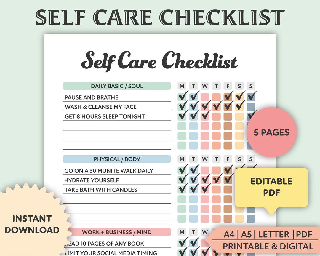 Buy Editable Self Care Checklist: Printable Wellness Planner (digital ...