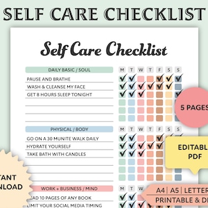 Editable Self Care Checklist: Printable Wellness Planner (Digital Download)