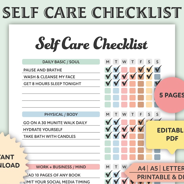 Editable Self Care Checklist, Printable, Self Care Planner, Self Care Tracker, Self Love Journal, Mindfulness Mental Health Kit, Wellness