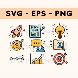 Digitales Start-up-Tool-Svg-Clipart-Set | SVG-, EPS-, PNG-Dateien | Farbenfrohe Doodle Style Business Grafiken für Unternehmer und Kreative