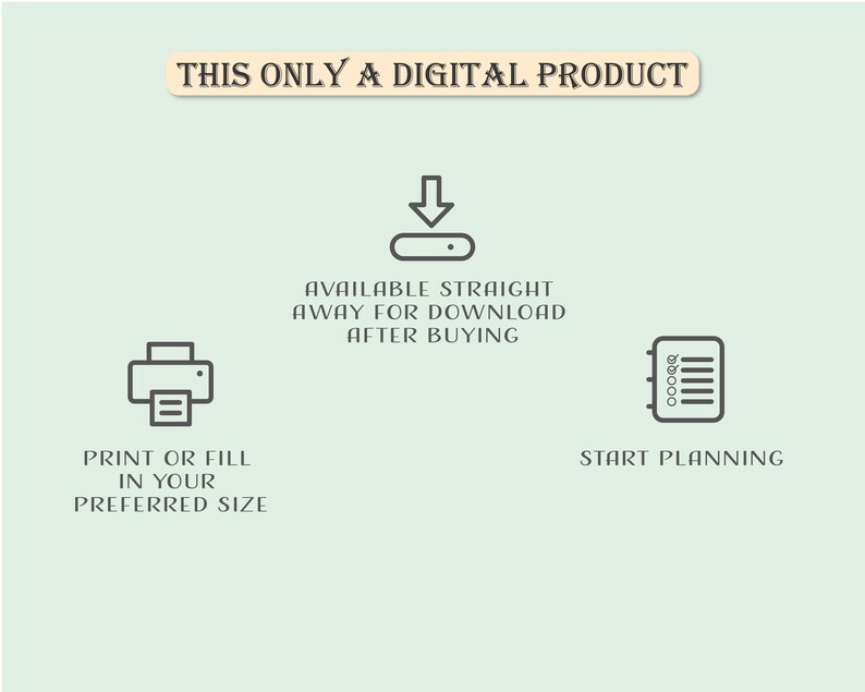 May include: A digital product illustration with icons representing a download, printing, and a planner. The text reads "This only a digital product. Available straight away for download after buying. Print or fill in your preferred size. Start planning."