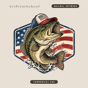 May include: A graphic illustration of a largemouth bass wearing a baseball cap with an American flag design. The fish is jumping out of water, set against a distressed American flag background within a hexagonal frame. Text at the top reads "ArtPrintSchool" and "ORJINAL ARTWORK".