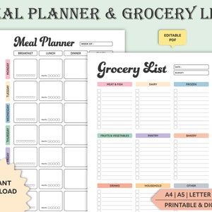 Weekly Meal Planner & Grocery List: Printable, Editable (PDF)
