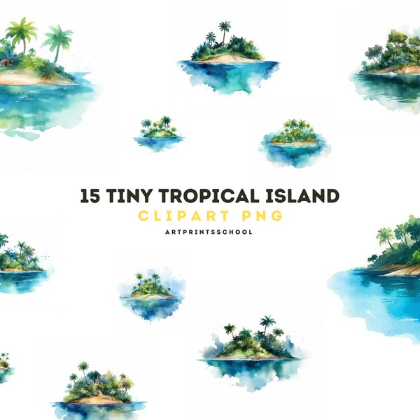 Watercolor Tropical Island Clipart Bundle, Beach PNG, Hawaii Summer Clipart, Digital Planner, Junk Journal, Watercolor Painting, Palm Trees