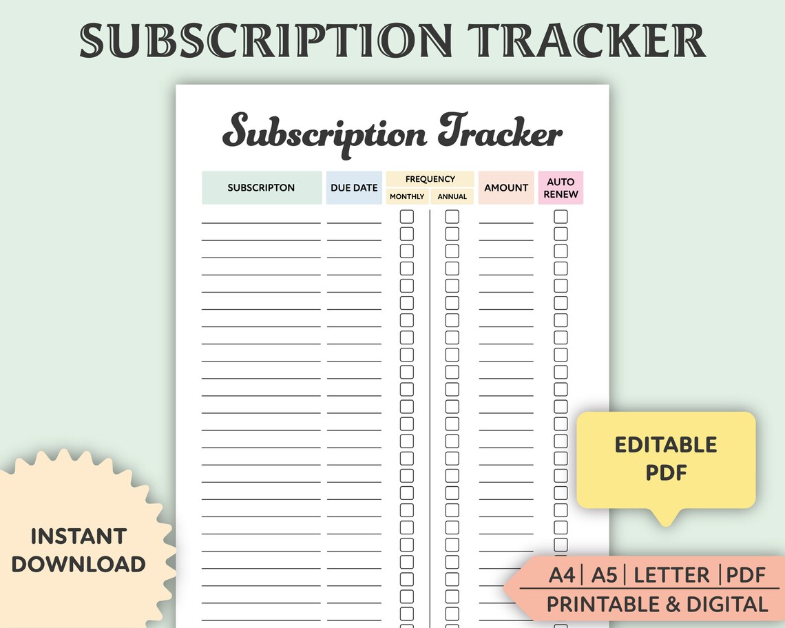 Editable Subscription Tracker Printable: Expense & Spending Log (A4, A5 ...