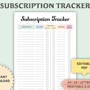 Bearbeitbarer Abonnement-Tracker zum Ausdrucken: Ausgaben- und Ausgabelog (A4, A5, Letter PDF)