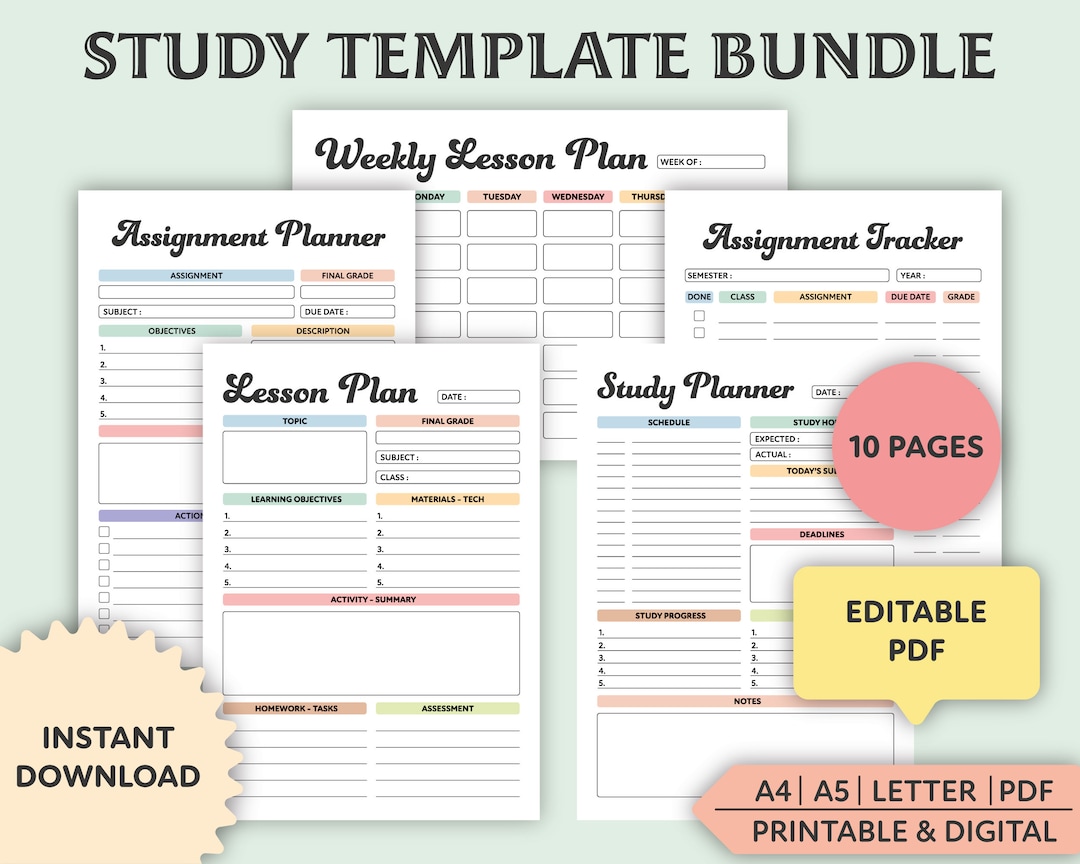 Editable Study Template, Printable, Study Planner, Lesson Plan Template ...