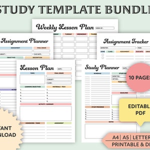 May include: A printable study template bundle with 10 pages, including a weekly lesson plan, assignment planner, assignment tracker, lesson plan, and study planner. The templates are in a pastel colour scheme with pink, blue, and green accents. The text "10 PAGES" and "EDITABLE PDF" are highlighted in pink and yellow speech bubbles.