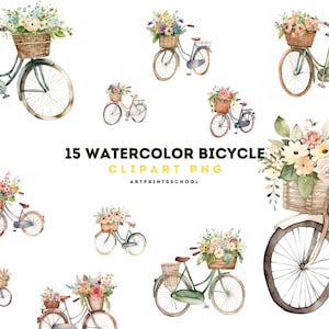 Bike with Flowers clip art, JPG vintage bike watercolor clipart, retro bicycles wedding invitation, planner, sticker junk journal