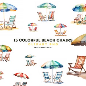 Acquerello Beach Chair Clipart - 15 JPG di alta qualità - Download digitali - Uso commerciale, Acquerello, Tecnica mista, Mestiere con carta digitale