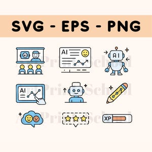 May include: Nine colourful icons depicting various aspects of artificial intelligence, including a classroom setting, a robot, a graph, a pencil, a cloud with a smiley face, a rating system, and an experience bar.