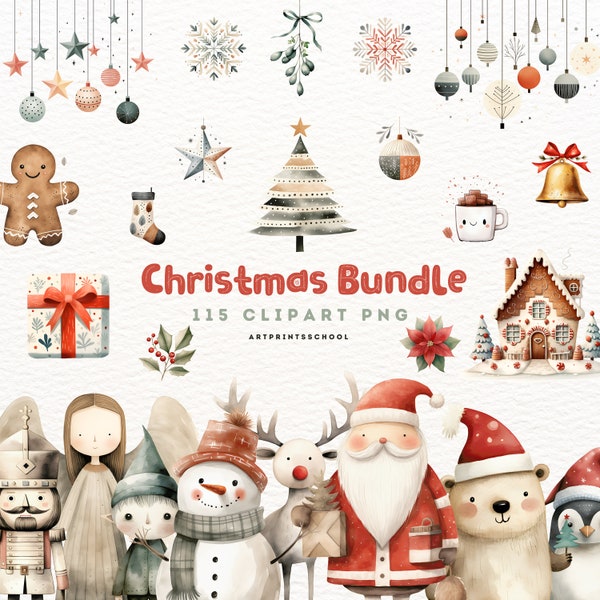 Kerst clipart | Aquarel kerstbundel | Leuke kerst PNG-bundel | Scandinavische clipart, instant digitale download, commercieel gebruik