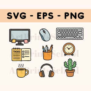 May include: A collection of colorful, cartoon-style illustrations of office and work-from-home items. Includes a computer monitor, mouse, keyboard, notepad, pens, pencils, alarm clock, headphones, cactus, and a mug. The text "SVG - EPS - PNG" is at the top.