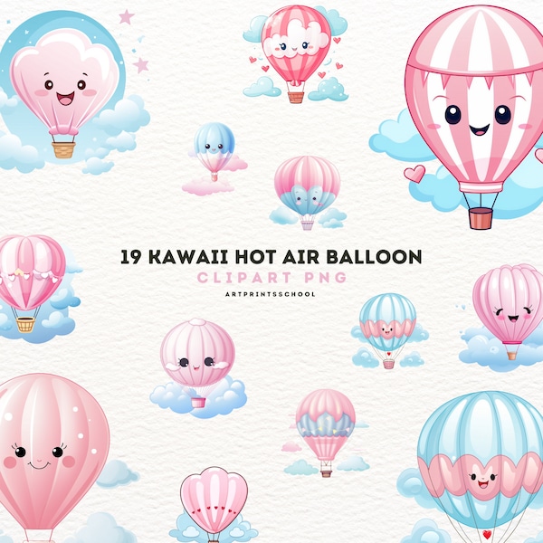 Kawaii Hot air Balloon Clipart, PNG Downloadable Baby Shower Signs Hot Air Balloon Decoration Nursery Decor flying Hotair Balloon, Digital