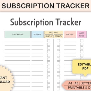 Könnte beinhalten: Ein druckbarer Abonnementstracker mit Abschnitten für den Abonnementnamen, das Fälligkeitsdatum, die Häufigkeit, den Betrag und die automatische Verlängerung. Der Tracker ist in einem hellblauen, hellgrünen, hellgelben und hellrosa Farbschema gestaltet. Der Text "Editable PDF" befindet sich in einem gelben Feld und der Text "A4 | A5 | LETTER | PDF PRINTABLE & DIGITAL" befindet sich in einem rosa Feld.