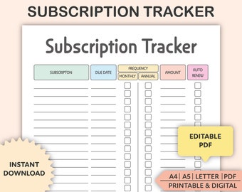 Editable Subscription and Membership Tracker for Organizing and Managing Your Records