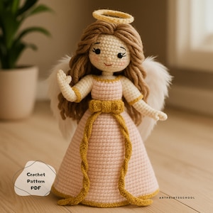 Amigurumi Angel Doll Crochet Pattern: Pink Dress, Halo & Wings (PDF Download)