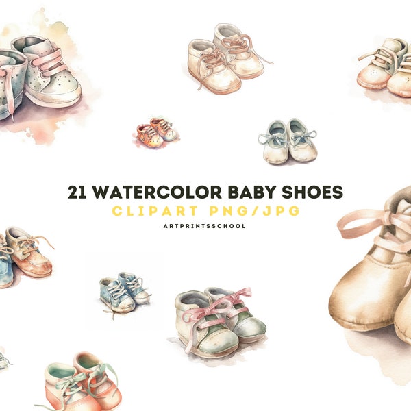 Watercolor Baby Shoes Clipart - Adorable Footwear Graphics for Baby Designs, Newborn Clipart, Digital Art, Baby Clip art, JPG and PNG,