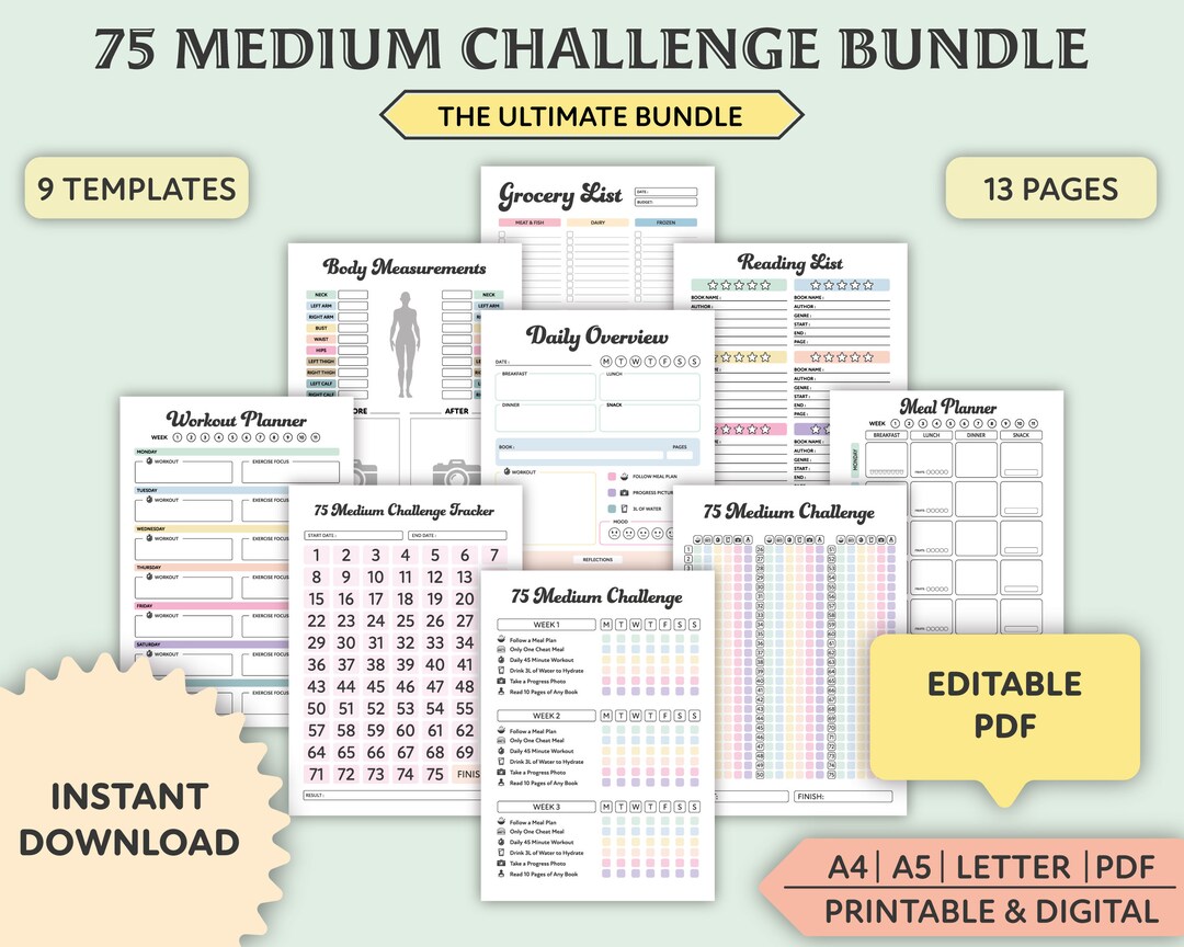 Editable 75 Medium Challenge Tracker Bundle Printable Daily - Etsy