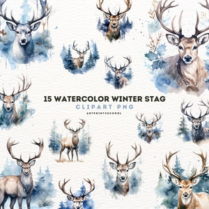 Winter Stag Clipart, 15 acuarela PNG de alta calidad, libros de memoria, diario basura, álbumes de recortes, artesanía, planificador digital, uso comercial, digital