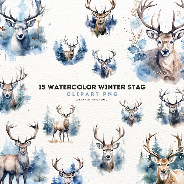 Winter Stag Clipart, 15 Watercolor High Quality PNG, Memory Books, Junk Journal, Scrapbooks, Craft, Digital Planner, Commercial Use, Digital