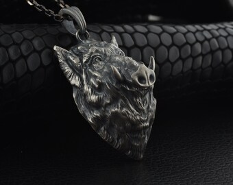 Boars Head Pendant with Chain Necklace in Gift Pouch Silver Pewter, Made in UK Boars Head Pendant with Chain Necklace in Gift Pouch Silver Pewter, Made in UK