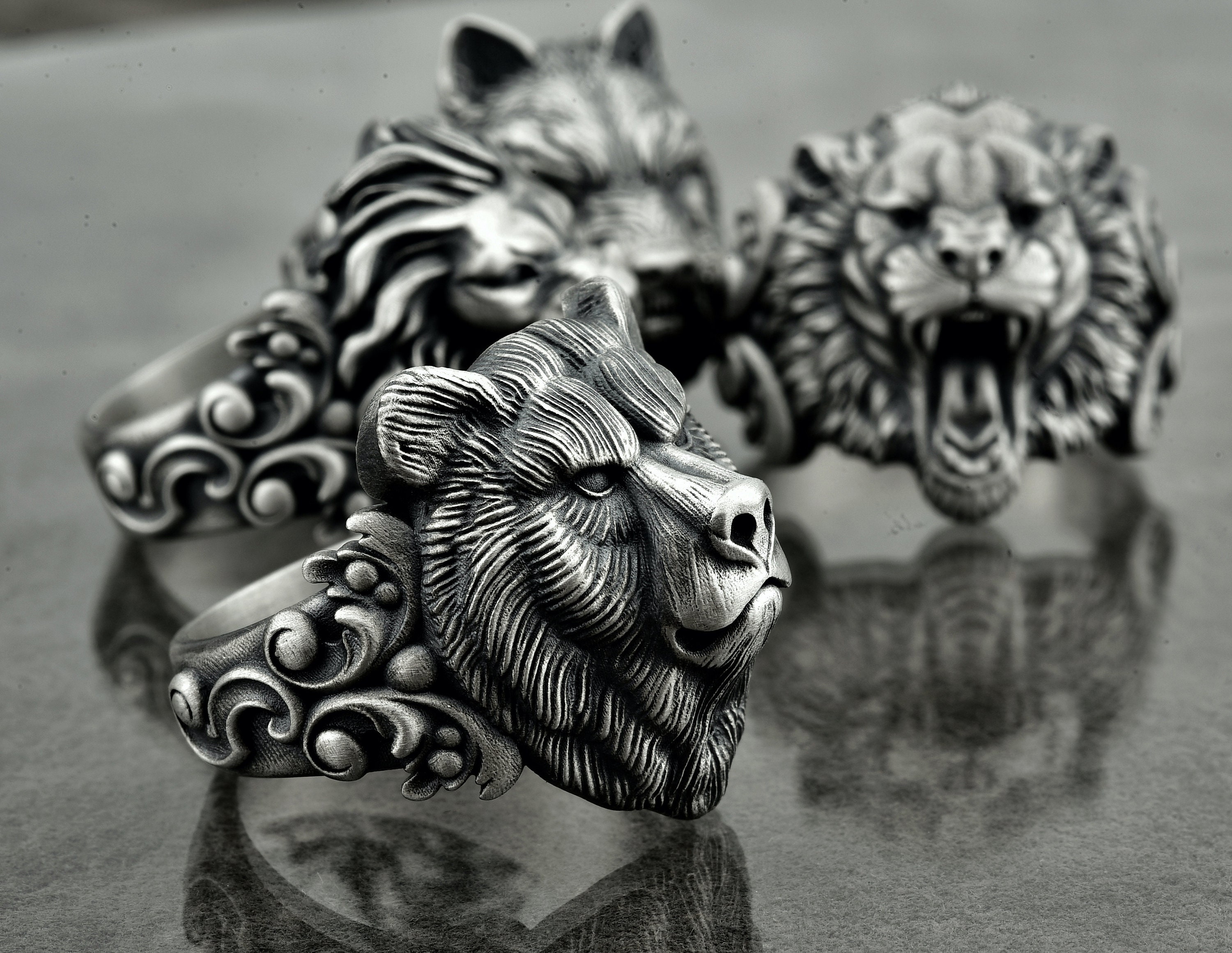 Silver Men Bear Ring Bear Head Men Ring Wild Bear Ring Etsy