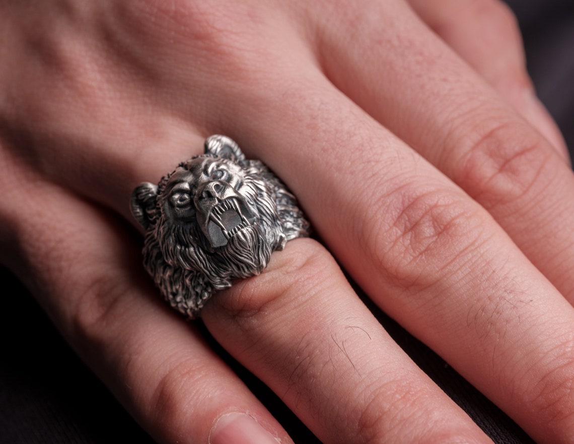 Silver Men Bear Ring Oxidized Bear Ring Bear Head Ring Wild Etsy