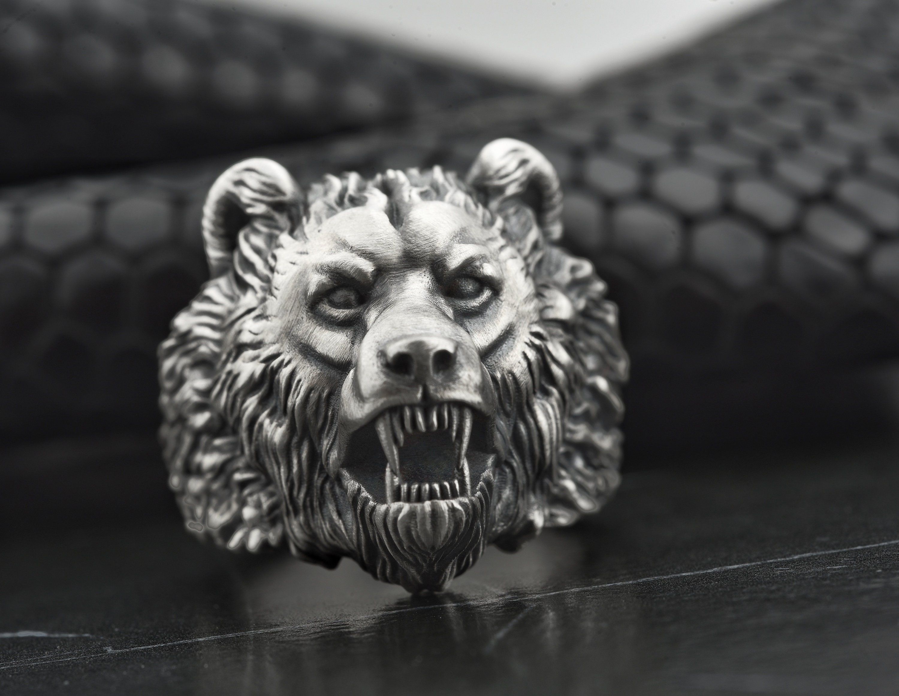 Silver Men Bear Ring Oxidized Bear Ring Bear Head Ring Wild Etsy