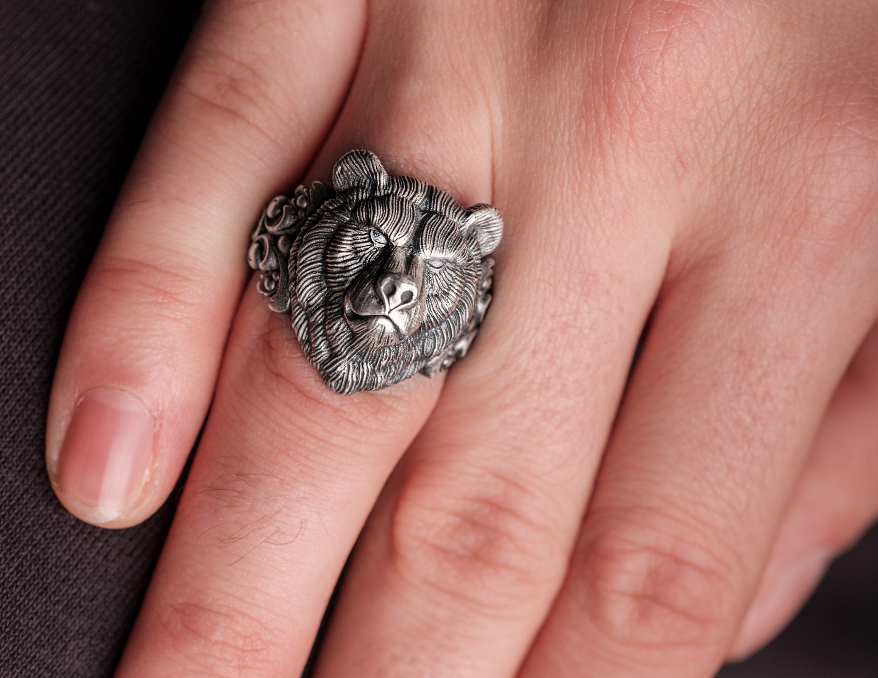 Silver Men Bear Ring Bear Head Men Ring Wild Bear Ring Etsy