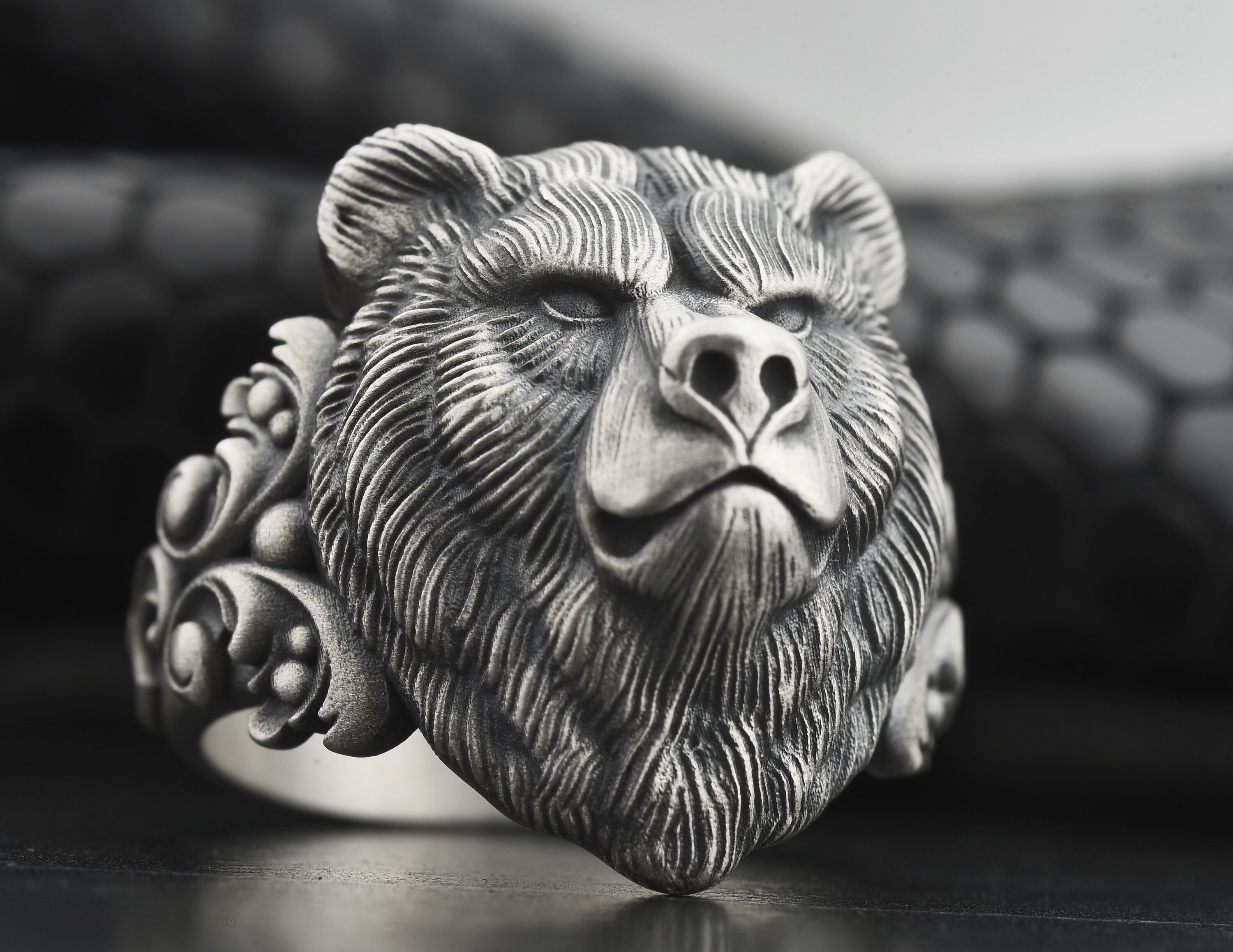 Silver Men Bear Ring Bear Head Men Ring Wild Bear Ring Etsy