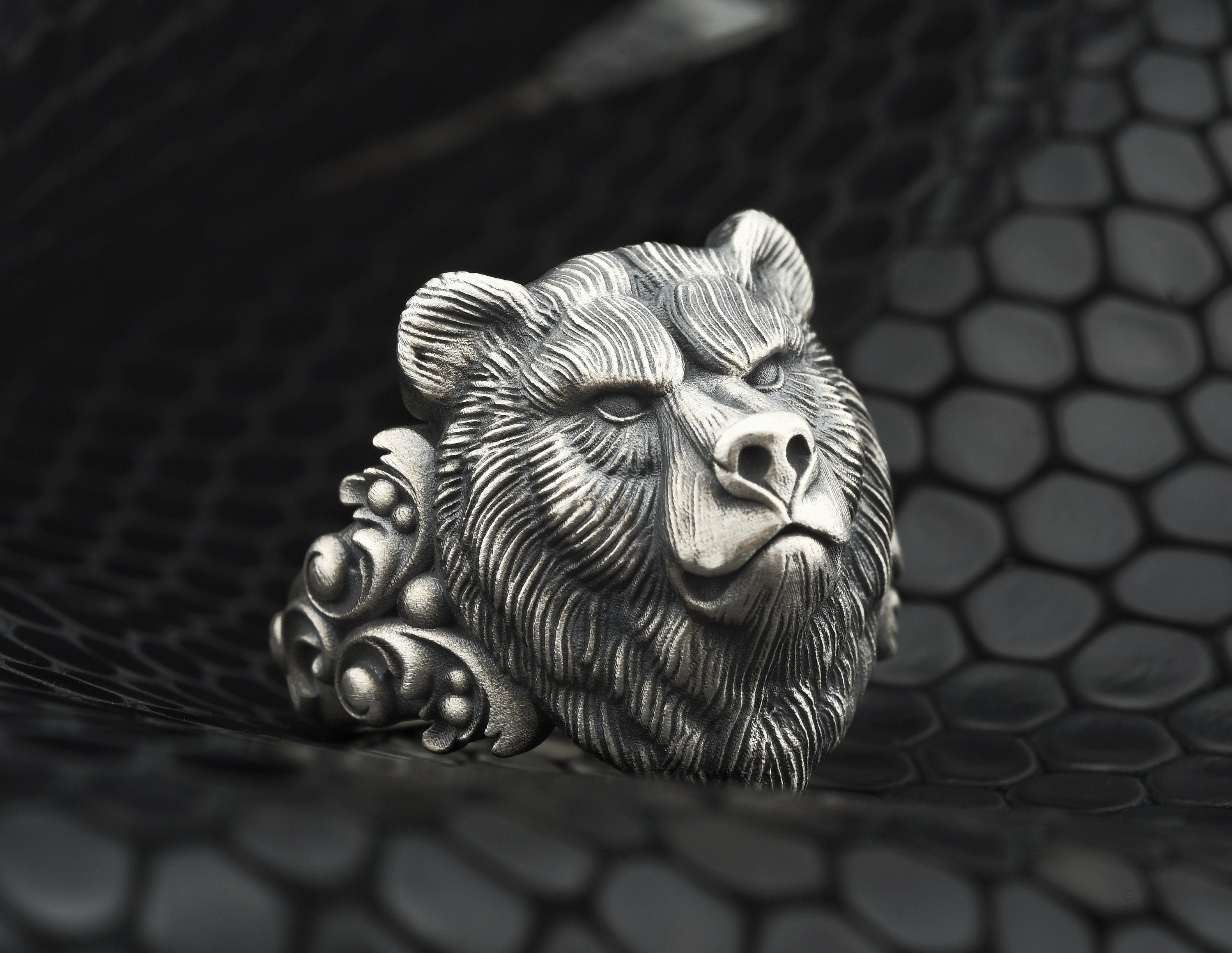 Silver Men Bear Ring Bear Head Men Ring Wild Bear Ring Etsy