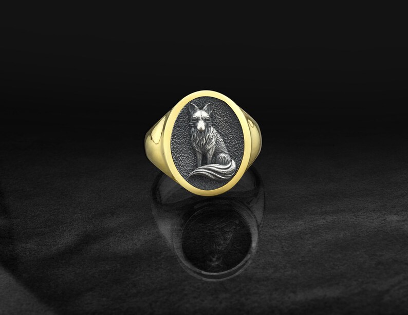 Fox Mens Ring Gold Coated Shiny Silver and Oxidized Etsy
