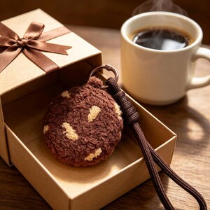 May include: A brown, crocheted cookie keychain with cream-colored accents rests in a small gift box with a brown ribbon. A cup of coffee sits nearby, with steam rising from the top. The keychain has a brown cord and a metal ring.