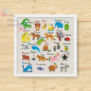 Tiere Alphabet Kreuzstichmuster, lustiger Kreuzstich, Waldkindergarten xStitch, kleine Tiere, Pixel Tiere, moderne Stickerei Stickvorlage #106