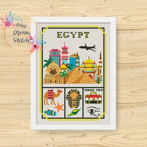 Egypt Cross Stitch Pattern, Little city cross stitch pattern, Pyramids of Egypt, Modern xstitch, country stitch, Travel cross stitch,#043