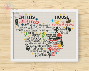 In This House Cross Stitch Pattern, Mouse head, Fairytale Heroes, Family Rules, Kids room Decor cross stitch, PDF Instant Download, #090