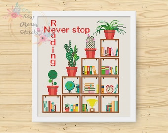Nunca dejes de leer patrón de punto de cruz, Biblioteca de lectores, Estantería, Libros clásicos Punto de cruz, xstitch moderno, Punto de cruz Сactus #080