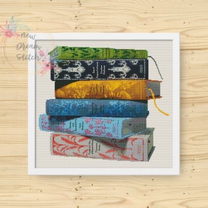 Classic Book cross stitch pattern, Reader Library, Bookshelf Cross Stitch, Modern home decor counted xstitch, Bibliophile Reading Room, #084