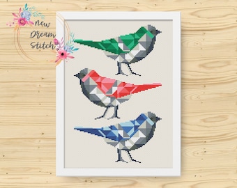 Geometric Birds cross stitch pattern, Nature counted pattern PDF, cross stitch sampler, modern cross stitch pattern, Polygonal xstitch, #092
