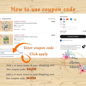 Pu&ograve; includere: Uno screenshot che mostra come utilizzare un codice coupon su un sito di e-commerce. Il testo recita "Come usare il codice coupon". Le istruzioni includono l'inserimento di un codice e il clic su applica. Il sito offre sconti con i codici SALE30 e SALE50.