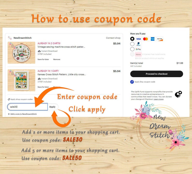 Pu&ograve; includere: Uno screenshot che mostra come utilizzare un codice coupon su un sito di e-commerce. Il testo recita "Come usare il codice coupon". Le istruzioni includono l'inserimento di un codice e il clic su applica. Il sito offre sconti con i codici SALE30 e SALE50.