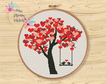 Love tree cross stitch pattern, Tree of hearts cross stitch, Valentine's Day cross stitch, Red Hearts Counted Cross Stitch Chart, #138